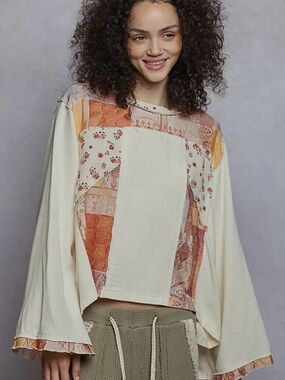 POL Cream Patchwork Long-Sleeve Top with Orange-Pink Accents